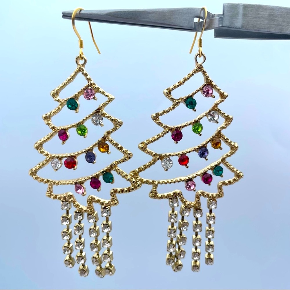 Gold Christmas Tree Chandelier Earrings – Multicolor Rhinestones, Statement